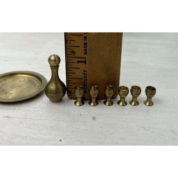 Dollhouse Miniature 8 pc Brass Wine Set, Tray Rare Vtg Goblets & Decanter - Picture 6 of 6